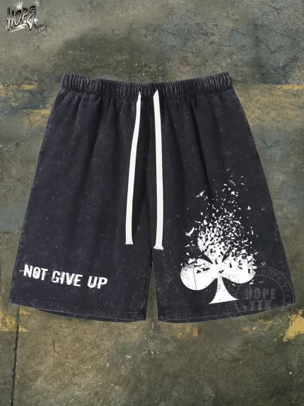 Men'S Black Washed Cotton Shorts with "NOT GIVE UP" Print