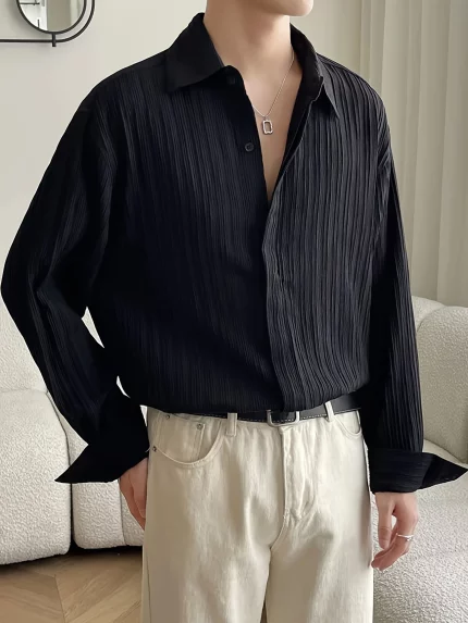 Men'S Stylish Black Striped Button-Up Shirt - Elegant Long Sleeve