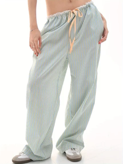 1pc Women'S Casual Striped Drawstring Pants - Polyester Woven Elastic Waist Straight Leg Trousers for Fall/Winter