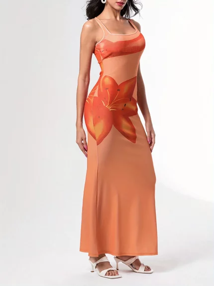 1pc Women'S Sexy Floral Print Bodycon Midi Dress