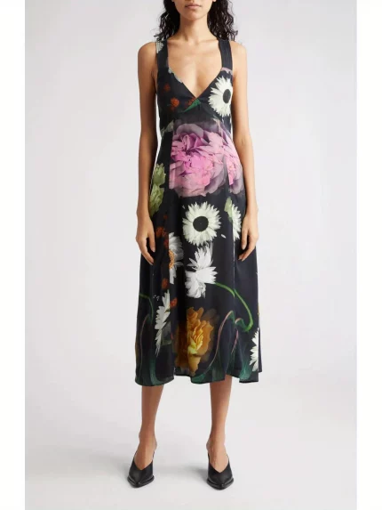 1pc Women'S Floral V-Neck Backless Slip Dress - Casual Polyester Knit Fabric, Double Layer