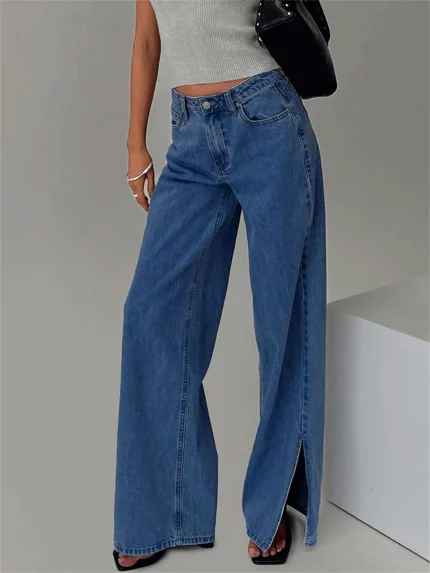 Womens Low Rise Washed Jeans Trendy Wide Leg Split Hem Loose Denim Pants Trousers