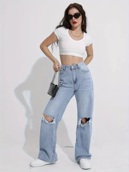 Women's High-Waisted Straight-Leg Ripped Jeans - Distressed Denim