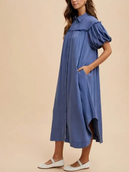 Womens Casual Prairie Chic Ruffle Trim Puff Sleeve Button Down Maxi Dress Dusty Blue