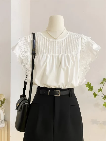 Women's Summer French Doll Blouse - White Lace Trim Loose-Fit Round Neck Short Sleeve Shirt