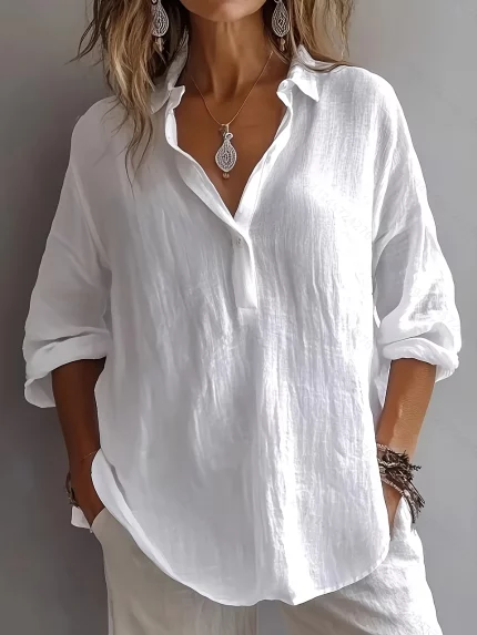 Women's Must-Have Solid Color Lavender Linen V-Neck Shirt - Oversized Long Sleeve Casual Summer Top