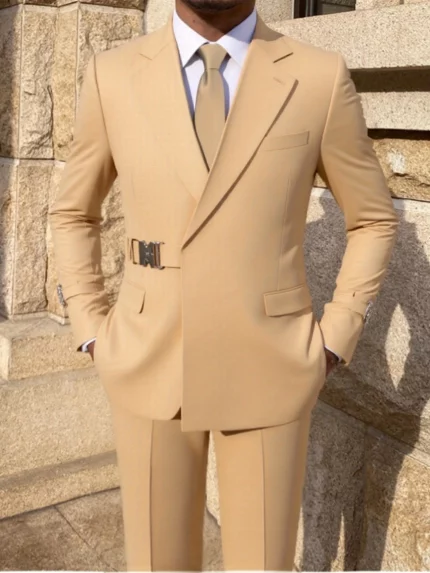 Men's 2pcs Suit Metal Belted Formal Event Party Groomsman Wedding Suit