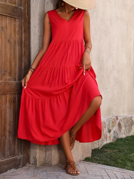 V Neck Tiered Tank Dress, Casual Sleeveless Loose Tank Dress For Spring