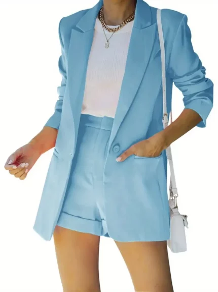 Women's 2pcs Open Front Long Sleeve Blazer and Solid Short Pants Suit Sets