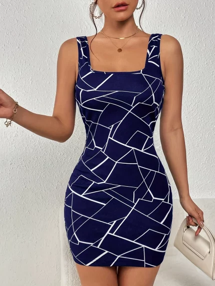 Women's Sleeveless Square Neck Vest Bodycon Dress - Black & Golden Geometric Print