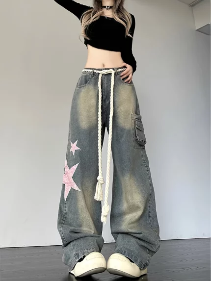 Chic Han with American Retro Drawstring Star Jeans