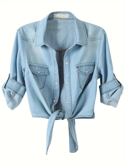 Women'S Roll Up 3/4 Sleeve Tie Front Knot Shirt