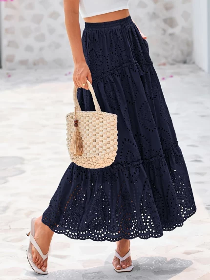 Women's Bohemian Casual Skirt New Vacation Style Lace Embroidery Eyelets Drawstring