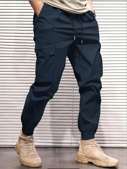 Men's Heavy-Duty Cargo Pants with Multiple Utility Pockets - Adjustable Drawstring Waist