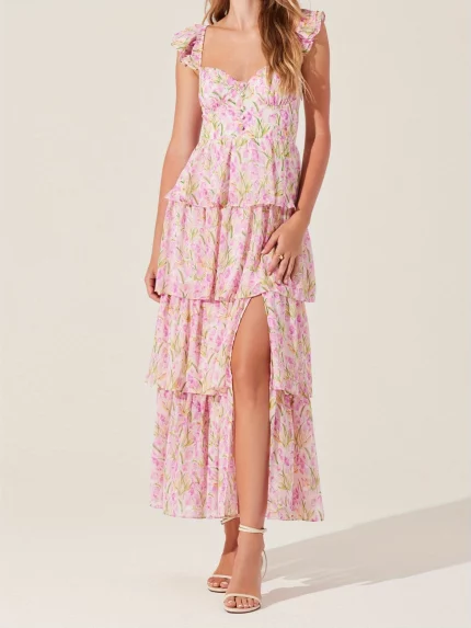 Floral Dress Stylish Multi-Layered Ruffles Split Cap Sleeve