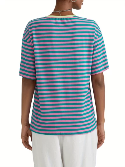Women Short Sleeve T-Shirts Stripe Contrast Color
