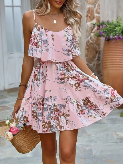 [Feminine Charm] Chic Floral Off-Shoulder Ruffle Mini Dress for Women - Casual A-Line with Cinched Waist