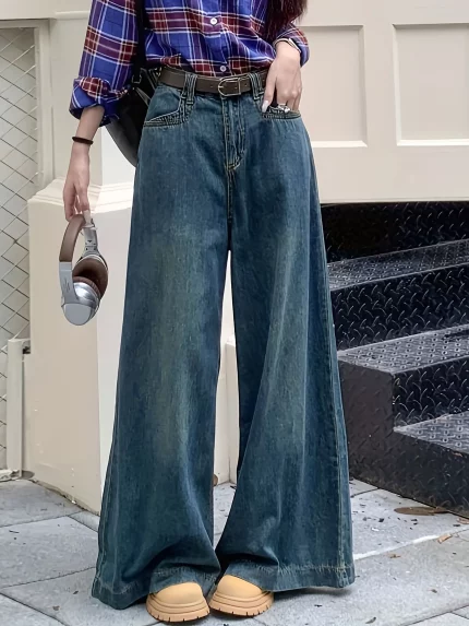 Women's Retro Blue Straight Leg Jeans Pear Shaped High Waisted