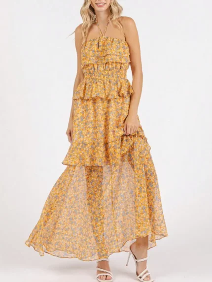 Womens Casual Floral Boho Chic Ruffle Layered Halter Maxi Dress Yellow