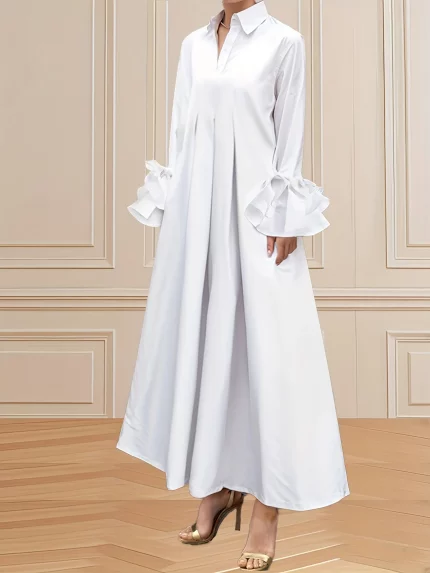 Women's Solid Color Lapel Flared Long Sleeved Pleated Dress 2025 Elegant