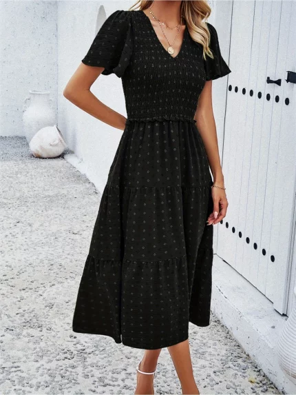 Women'S Black Polka Dot Print Mid-Length V-Neck Short Sleeve