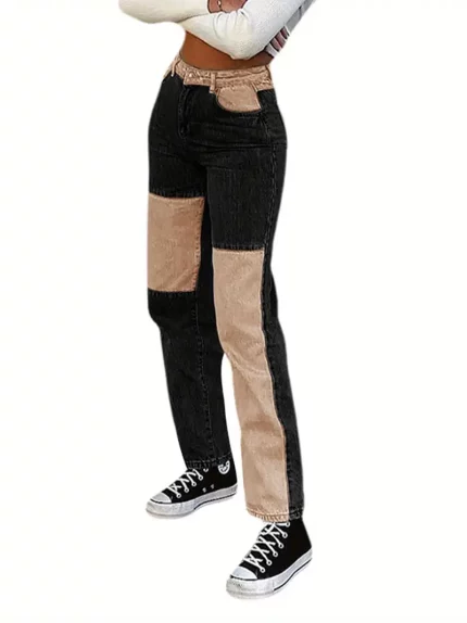1pc Women'S Asymmetrical Color Block Denim Jeans - Cotton Blend