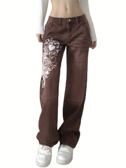 Women'S High-Waist Loose Jeans with Floral Print, Vintage Street Style