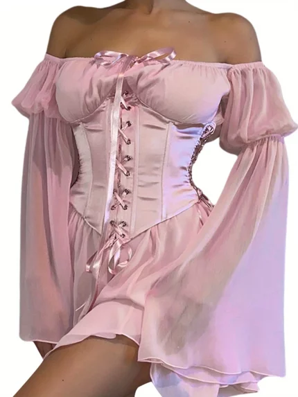 Women'S Elegant Off-Shoulder Long Sleeve Dress - Solid Color, Loose Fit