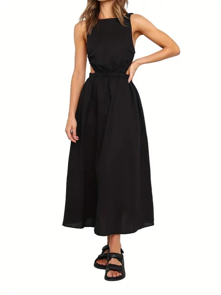 1pc Elegant Polyester Maxi Dress for Women - Off the Shoulder, Sleeveless