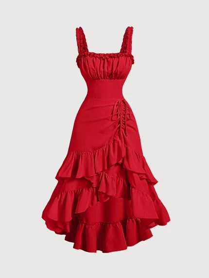 Women's Vacation-Ready Square Neck Sleeveless A-Line Dress with Ruffled Fish