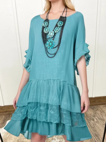 Women'S Vintage-Inspired Teal Lace-Trimmed Ruffle Sleeve Midi Dress