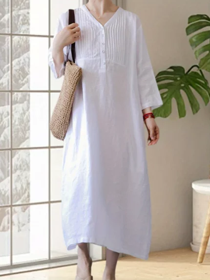 Women'S Elegant Green V-Neck Long Sleeve Dress - Casual Summer Style with Pockets
