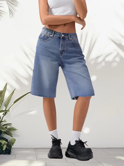 Women's Y2K Loose Mid-Waist Denim Shorts - Wide Leg Cargo Patchwork Design