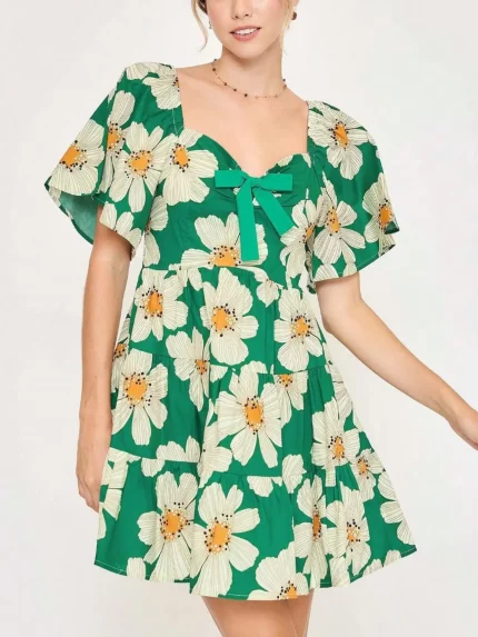 Womens Casual Floral Print Romantic Chic Smocked Bodice Flutter Sleeve
