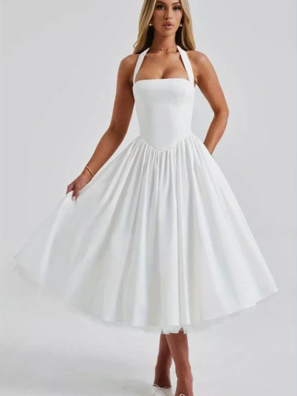Women Solid Color Tutu Dress Elegant Tie-up Halter Neck Sleeveless