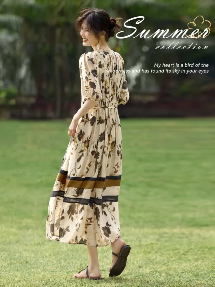 XWI Women'S Floral Print Mid-Length Dress with Removable Belt - Short Sleeve