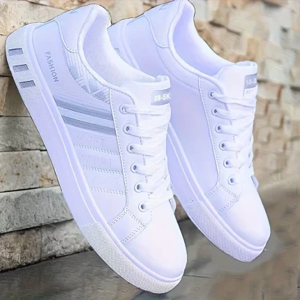 Men's White Striped Lace-Up Skate Shoes - Breathable PU Upper & PVC Sole