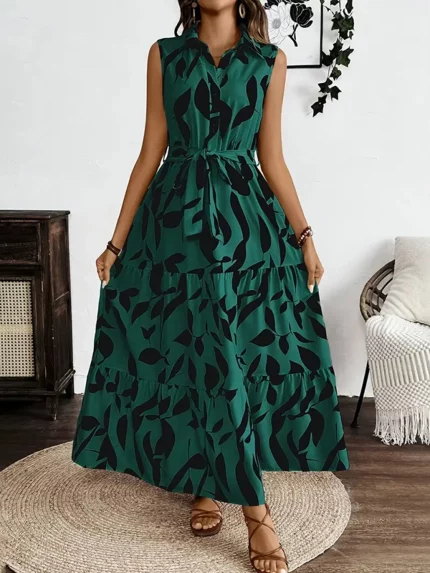 Women's Boho Floral Print Sleeveless V-Neck Shirt Dress - Button Front