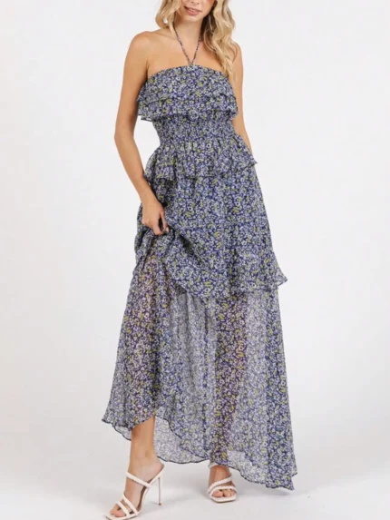 Womens Casual Floral Romantic Chic Tiered Ruffle Halter Neck Maxi Dress