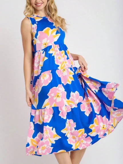 Womens Casual Floral Summer Chic Large Bloom Print Tiered Midi Sundress