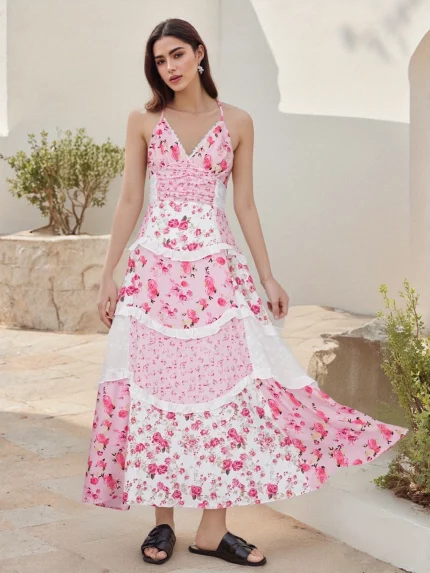 Women's Elegant Floral Lace Patchwork Ruffled Trim Spaghetti Strap