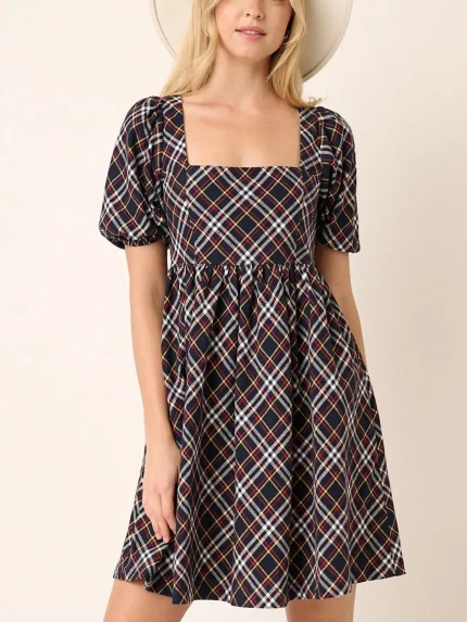 Womens Casual Plaid Midi Dress Vintage Prairie Style Smocked Back Puff Sleeve